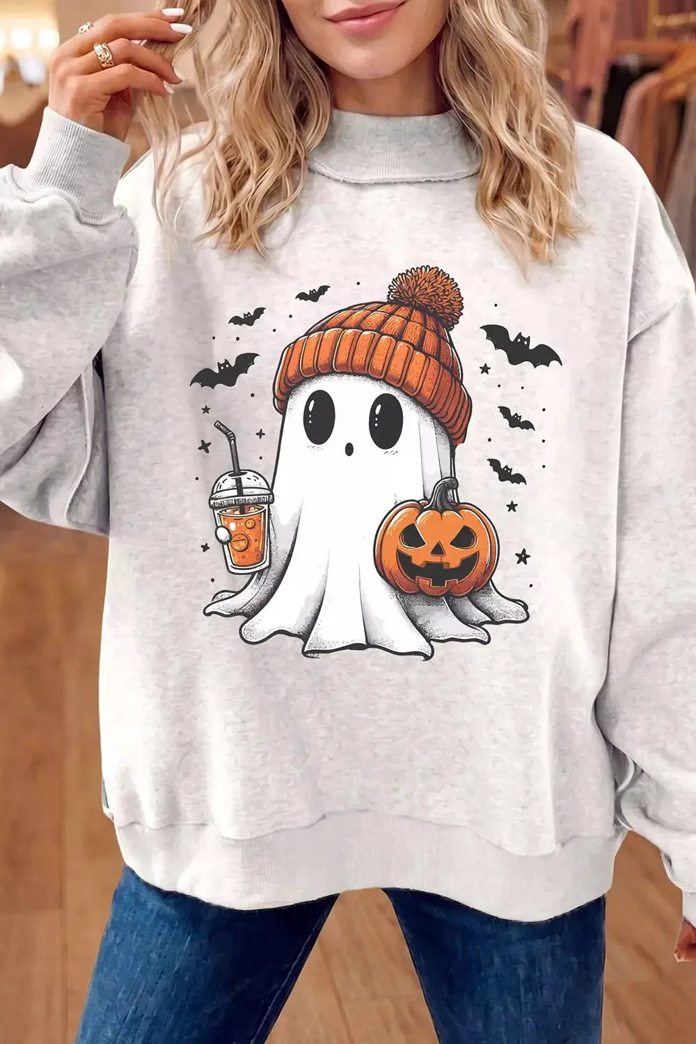 Reversible Halloween Graphic Mock Neck Tunic Sweatshirt in gray with ghost wearing an orange beanie and pumpkin