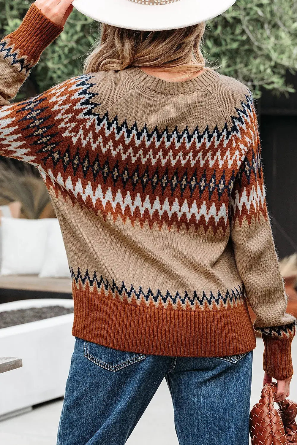 Geometric Pattern Long Sleeve Sweater in tan, rust, and navy knit with ribbed cuffs and hem