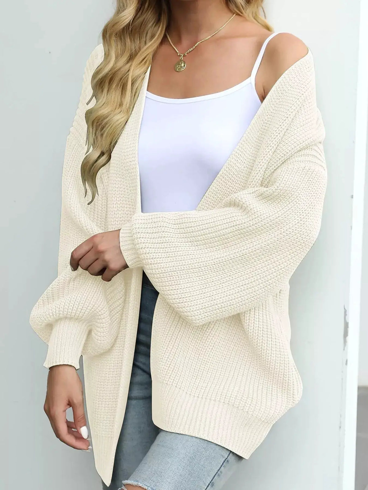 Oversized chunky knit open-front cardigan in cream with stretch fabric
