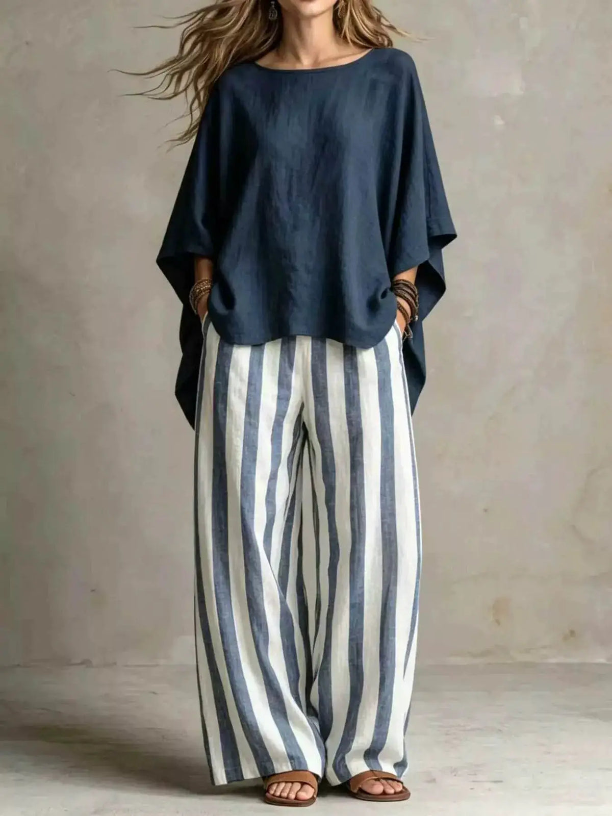 Trendsi plus-size top and pants set; navy solid top with vertical navy/white striped pants