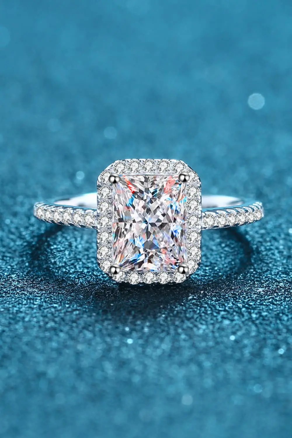 2 Carat moissanite halo ring in 925 sterling silver with pave-set halo and band