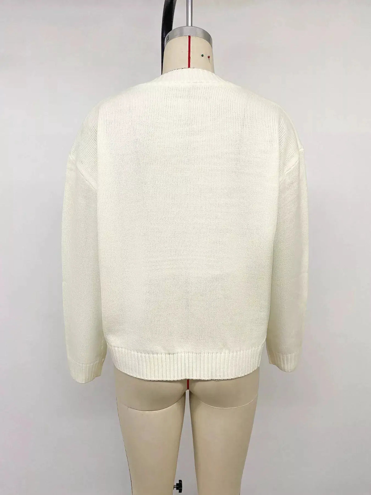 Bow Graphic Round Neck Acrylic Sweater back view, ivory knit with soft stretch fit by Trendsi