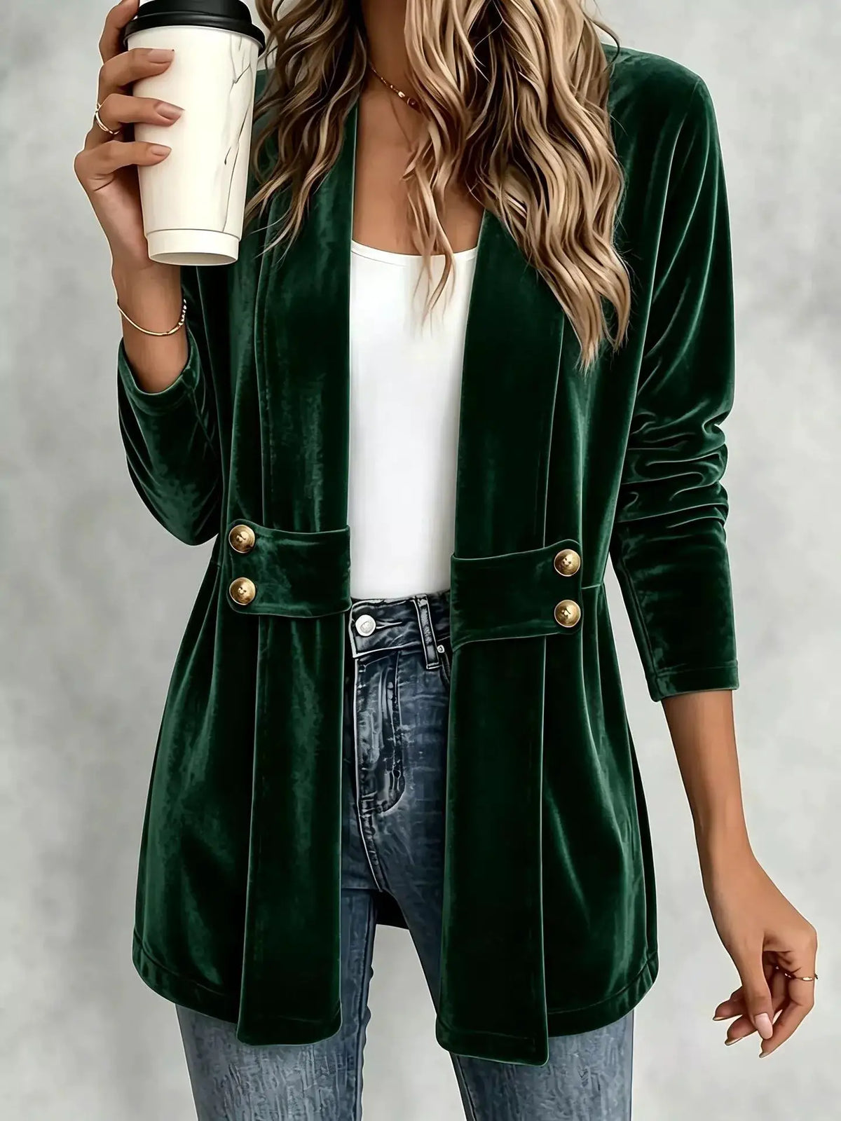 Elegant velvet open-front outerwear by Trendsi in emerald green with gold-tone button accents