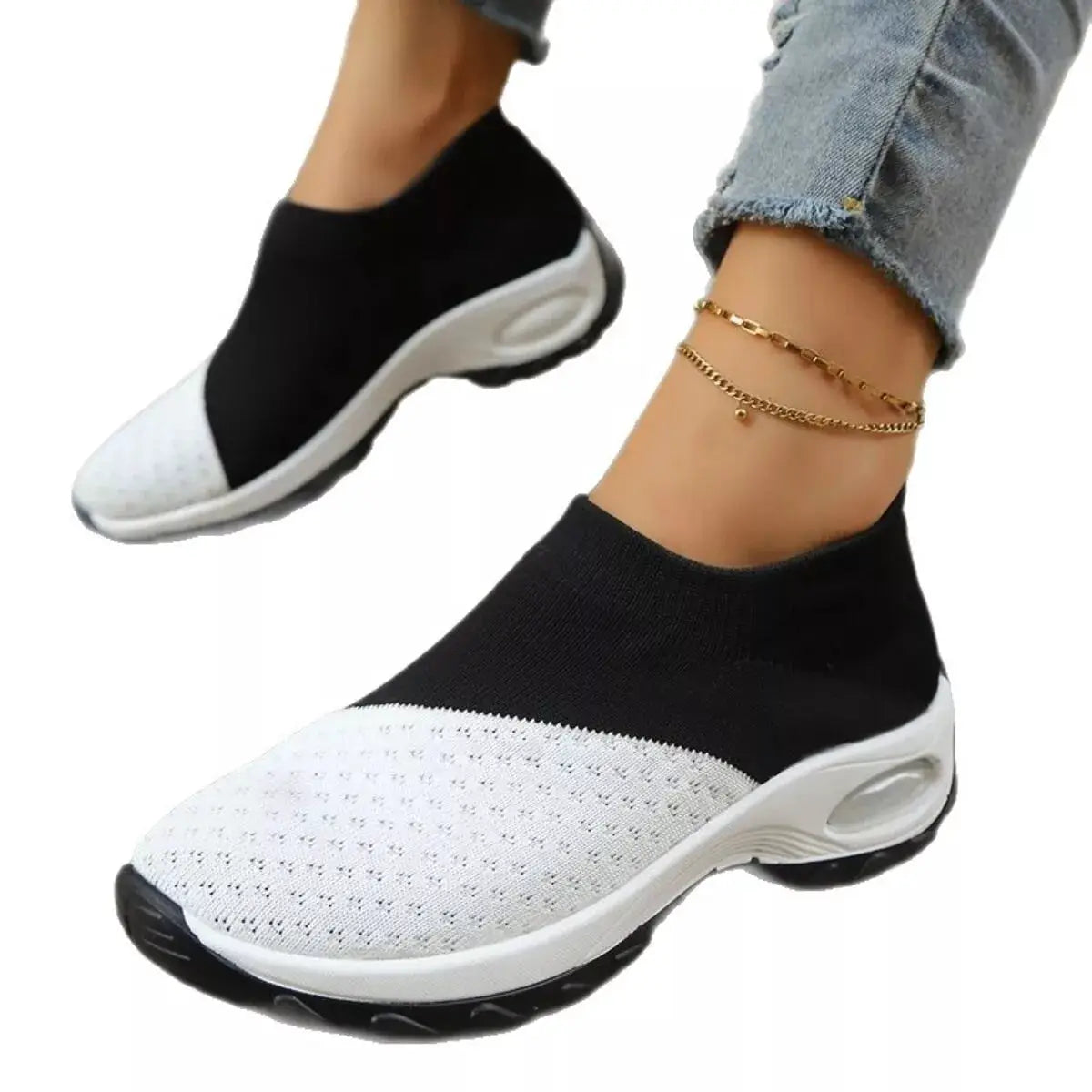 Color Block Mesh Athletic Shoes by Trendsi; black and white knit slip-on sneakers