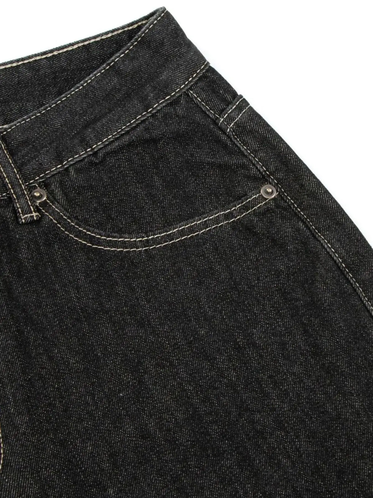 Men's wide-leg denim shorts, dark indigo cotton-stretch with rivet pocket and contrast stitching