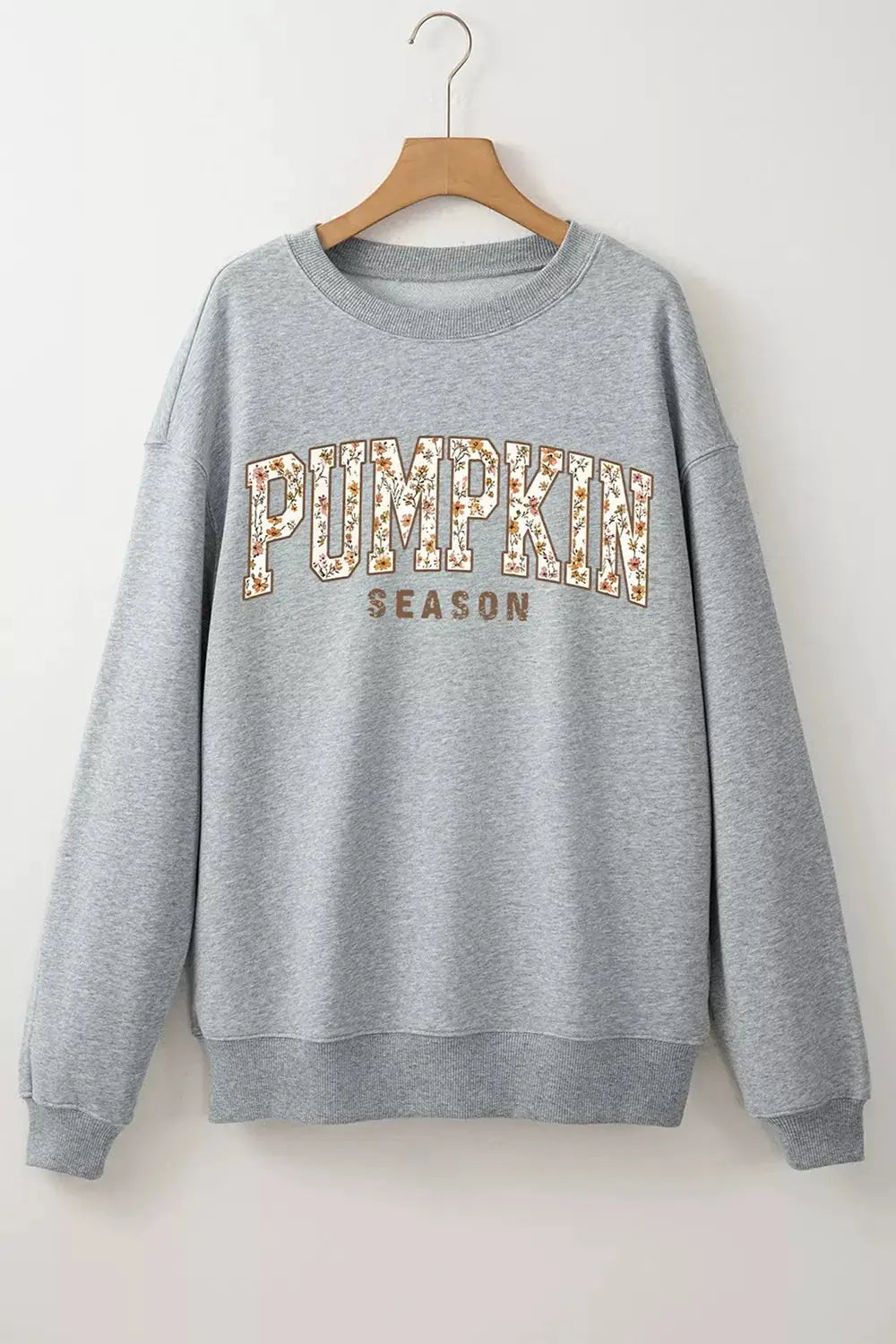 Oversized gray pullover sweatshirt with pumpkin season floral lettering
