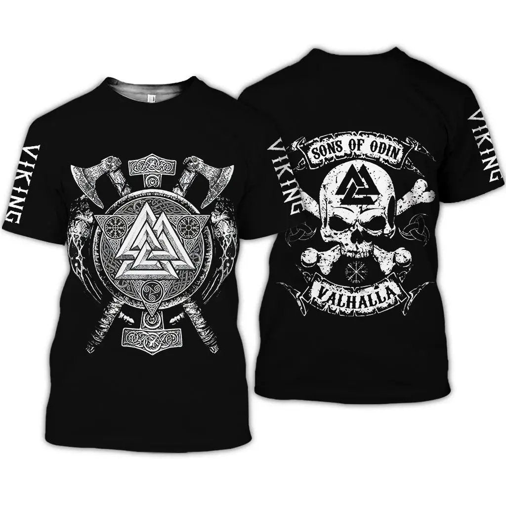 Two black AdTec T-shirts with 3D Viking graphics; front circular runic design with axes, back skull and Odin Valhalla.