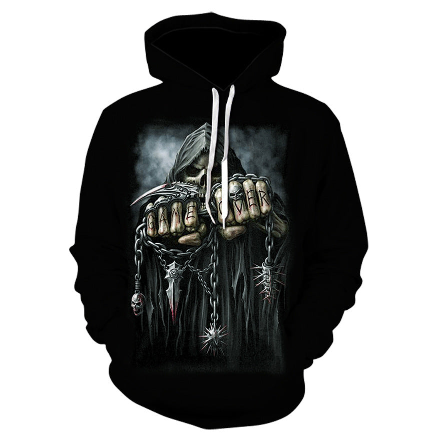 3D Digital Print Skull Jacket With Hood by AdTec, black hoodie with skull and chain graphic.