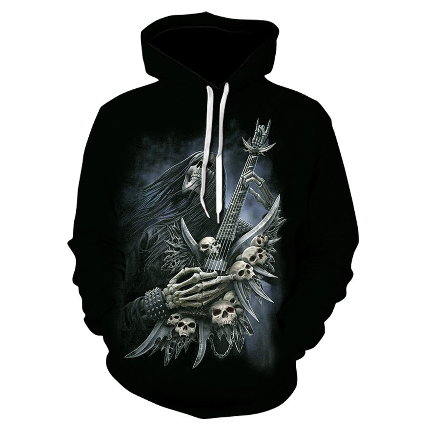 Hoodie by AdTec with 3D skull guitar print on black fabric