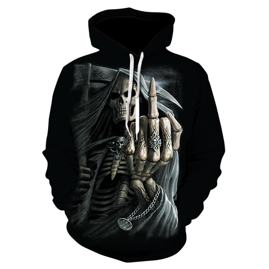 3D Digital Print Skull Hoodie by AdTec in black with skeletal hand artwork