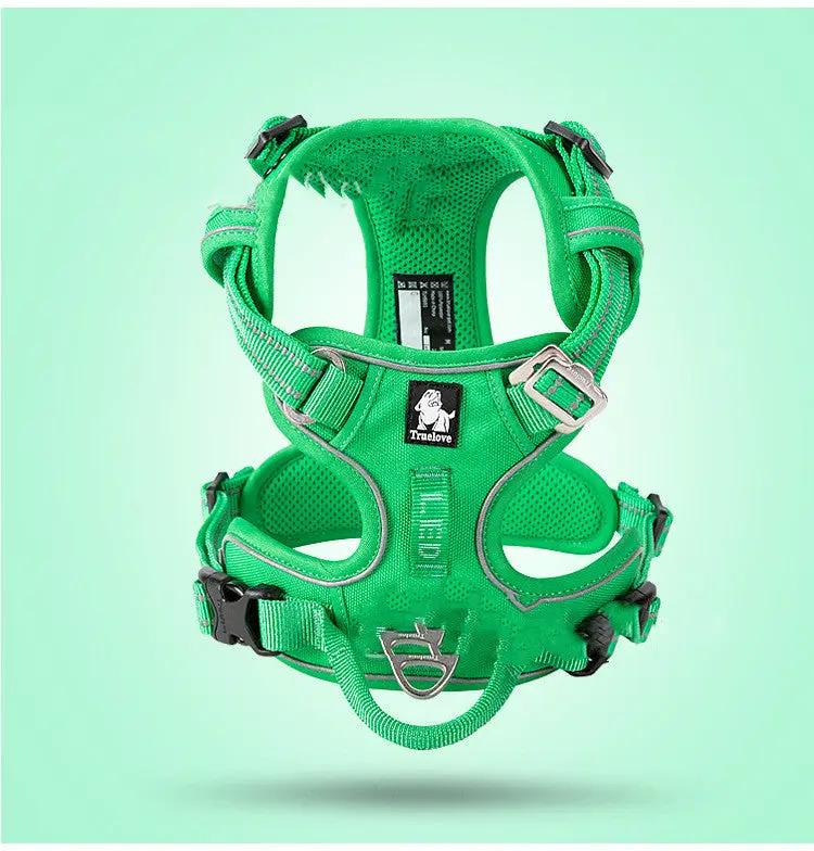 Green vest-style dog harness with buckles and metal rings for small and large dogs AdTec