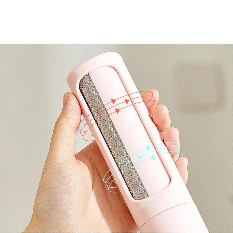 2-in-1 pink pet hair remover brush with self-cleaning lint roller, handheld and portable