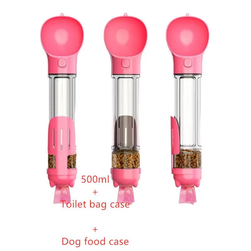 Pet water bottle feeder by AdTec, pink 3-in-1 with garbage bag storage and dog food case, 3 units shown