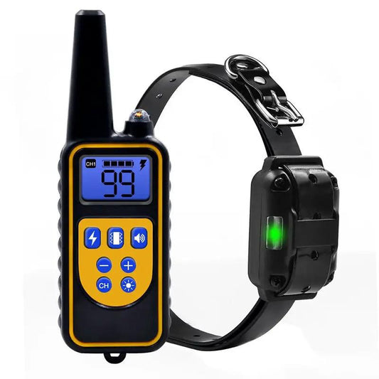 AdTec remote-control dog training device with yellow handheld transmitter and black collar.