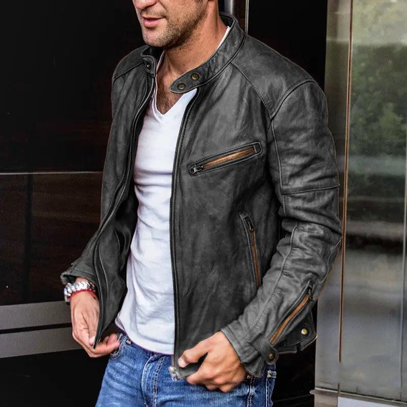 Men's punk biker leather jacket with stand-up collar and front zipper placket, black