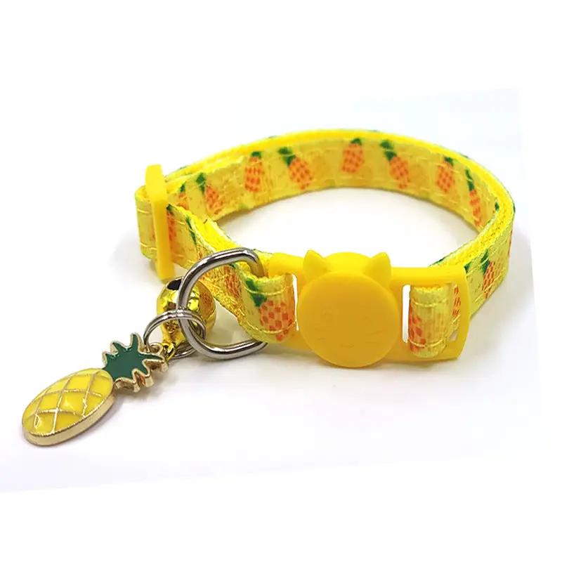Pet Print Bell Cat Collar yellow fabric strap with pineapple charm