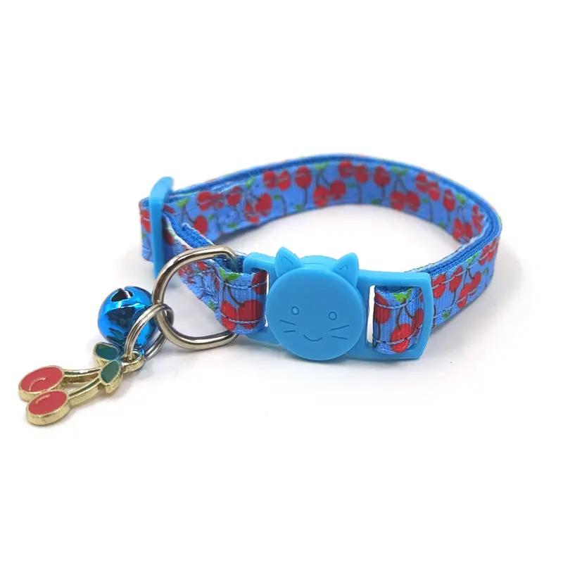 Pet Print Bell Cat Collar blue cherry-pattern strap with blue cat-face charm and bell
