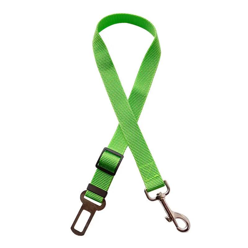Adjustable green nylon pet car seat belt with metal clip and hook