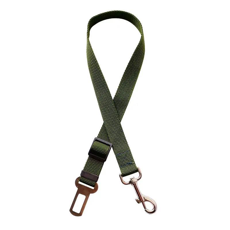 Adjustable pet car seat belt strap with metal clip in olive-green nylon
