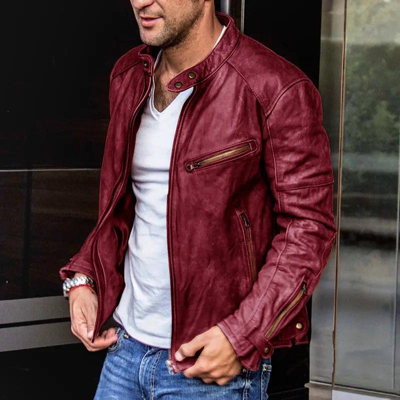 Mens Punk Biker Leather Jacket by AdTec in burgundy with stand-up collar and zipper placket