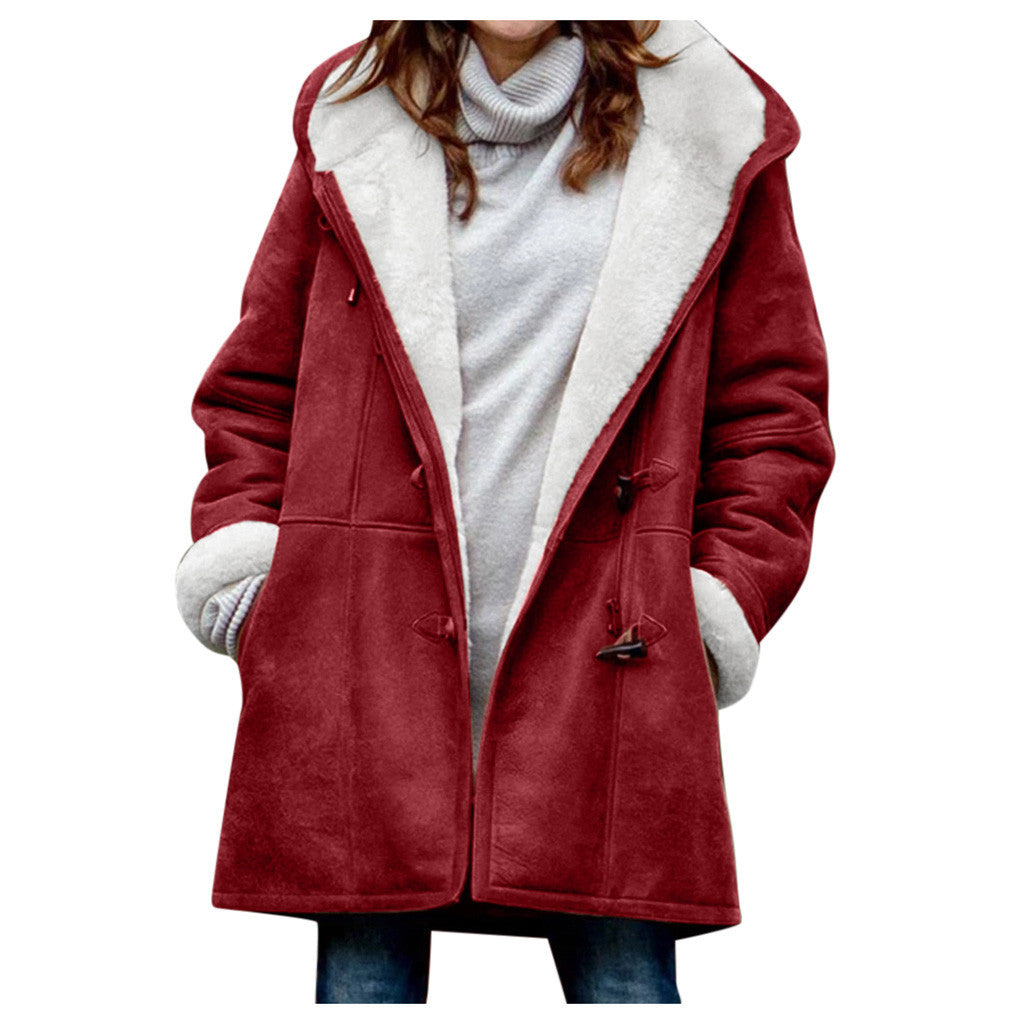 Women's Vintage Winter Coat AdTec red duffle-style overcoat with white sherpa lining and toggle closures