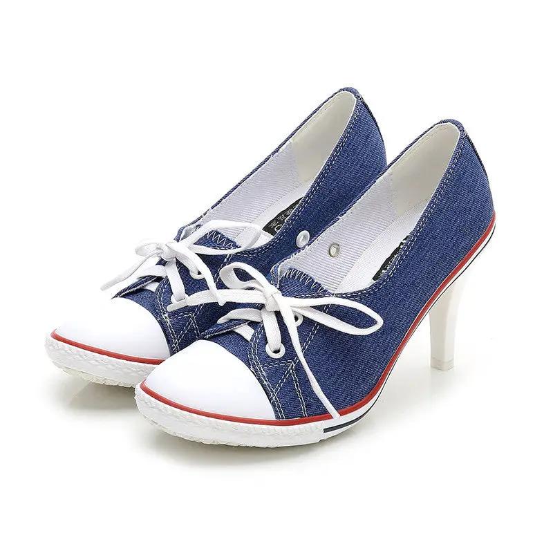 SeoulLift Women’s AdTec denim canvas high-sole sneakers, blue with white toe caps and laces, 2 shoes