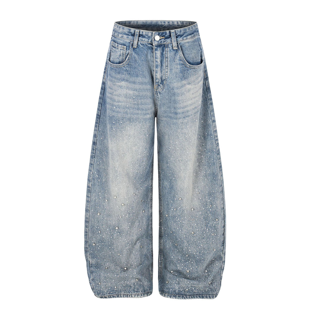 eprolo blue high-waisted washed denim jeans with loose fit straight-cut design and front pockets