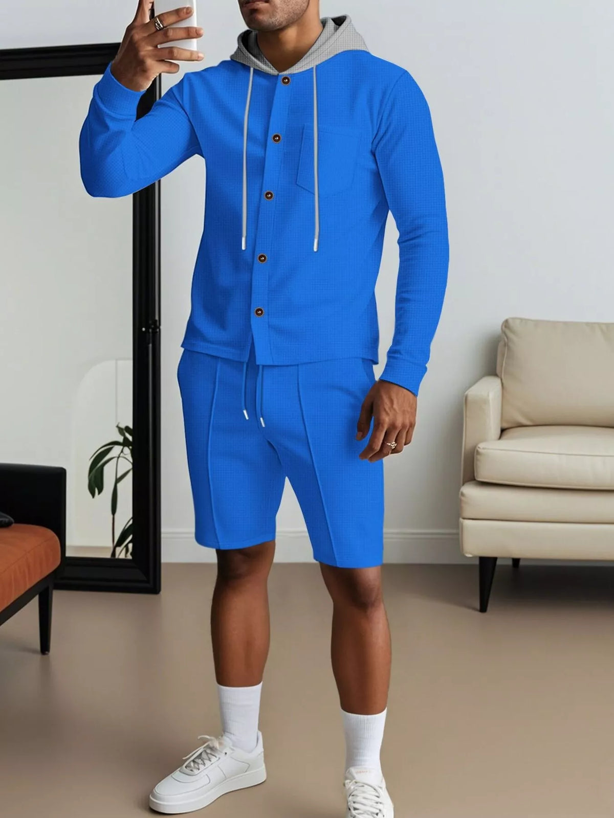 Men's blue plus-size 2-piece hooded button-up top and shorts set