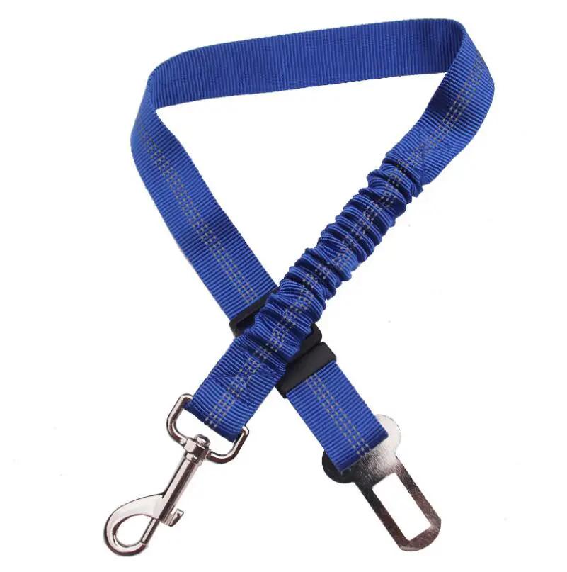 Adjustable dog seat belt, blue elastic strap with reflective stitching and metal clip, AdTec.