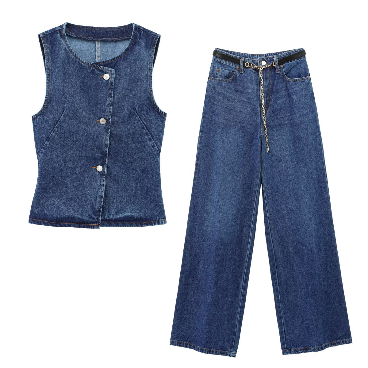 2-piece women's denim vest and pants set with belt and chain, blue denim