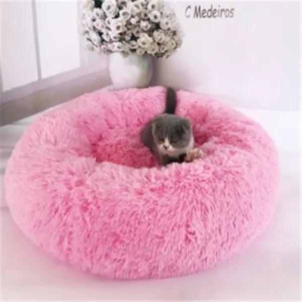 Round Long Hairy Autumn And Winter Nest Pad Cat Mattress pink plush with a kitten inside