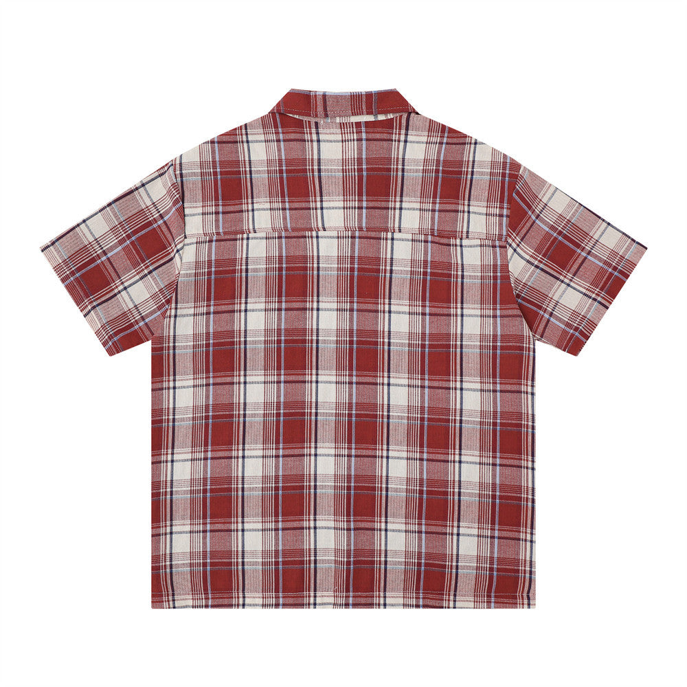 Plaid short-sleeve shirt, red and white plaid pattern, back view