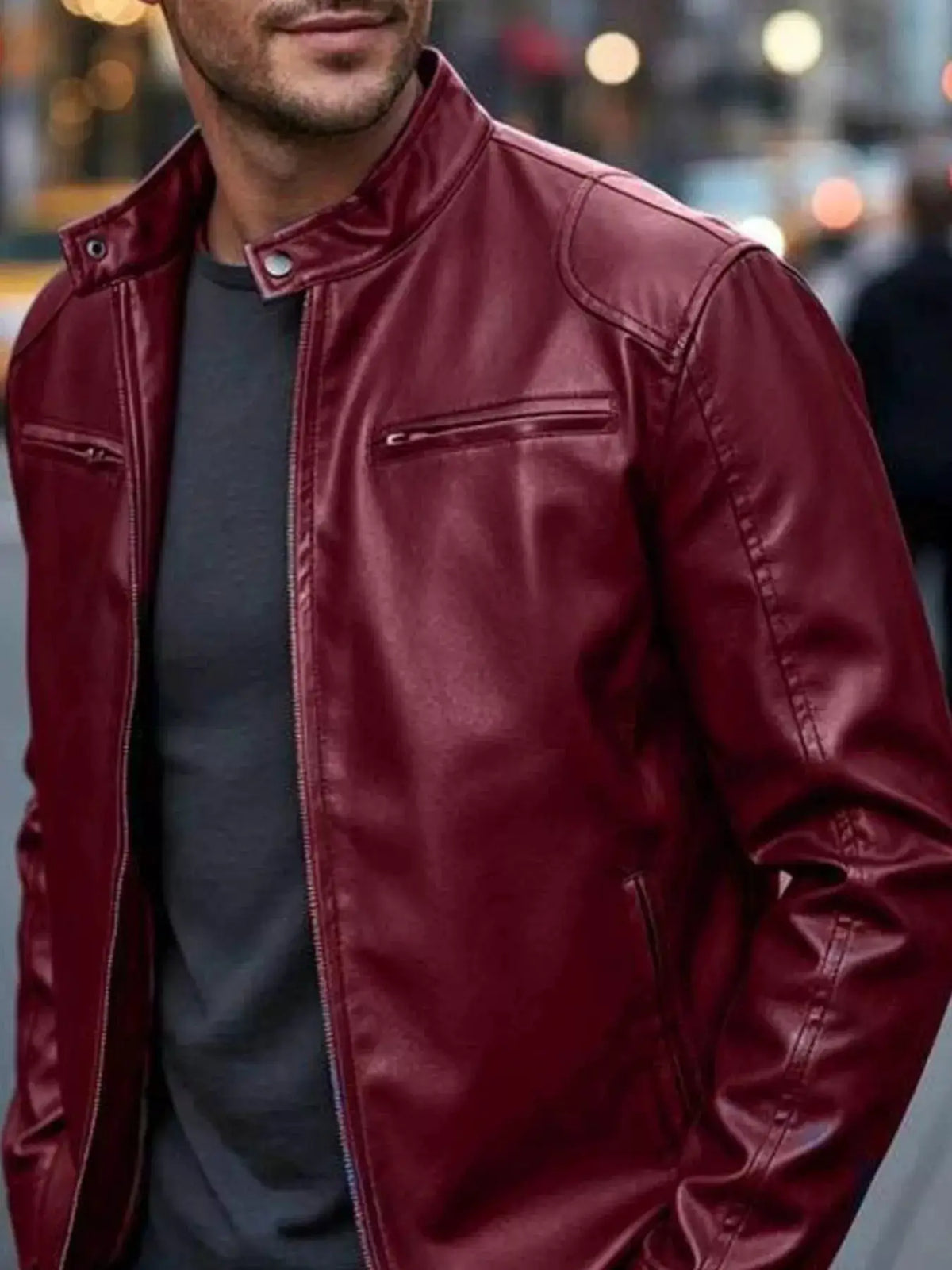 Men's burgundy faux leather bomber jacket with zip pockets and stand collar