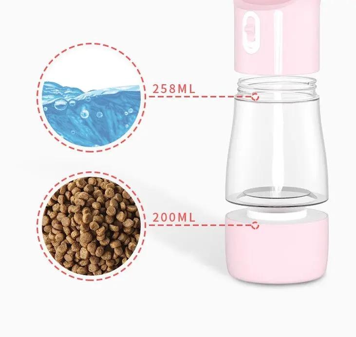 Traveling Out Portable Dog Water Dispenser by AdTec, pink with clear reservoir; 258 ml water and 200 ml kibble
