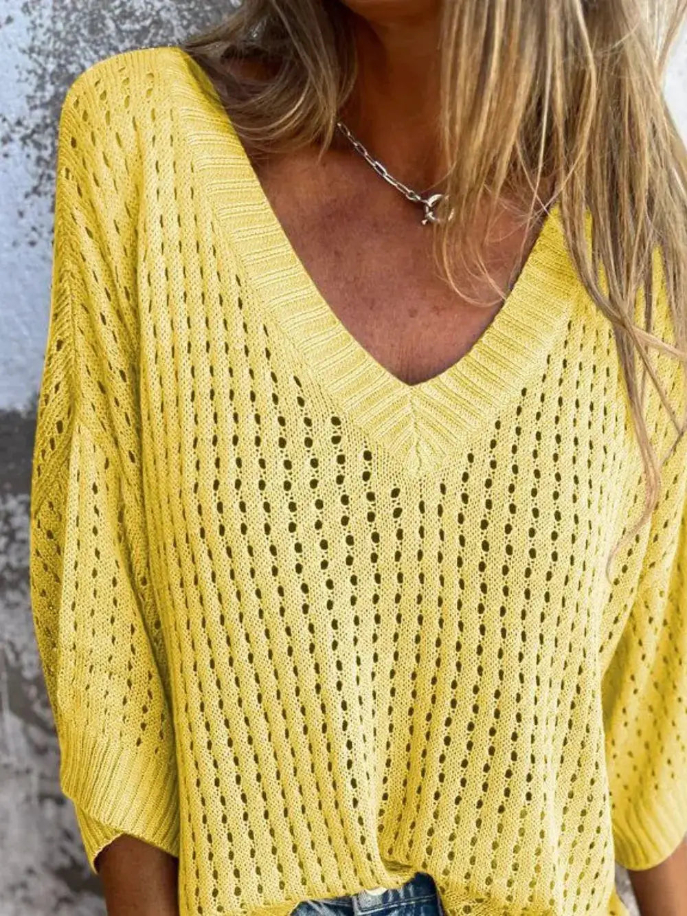 Plus size openwork V-neck knit cover-up in yellow, lightweight and stretchy by Trendsi