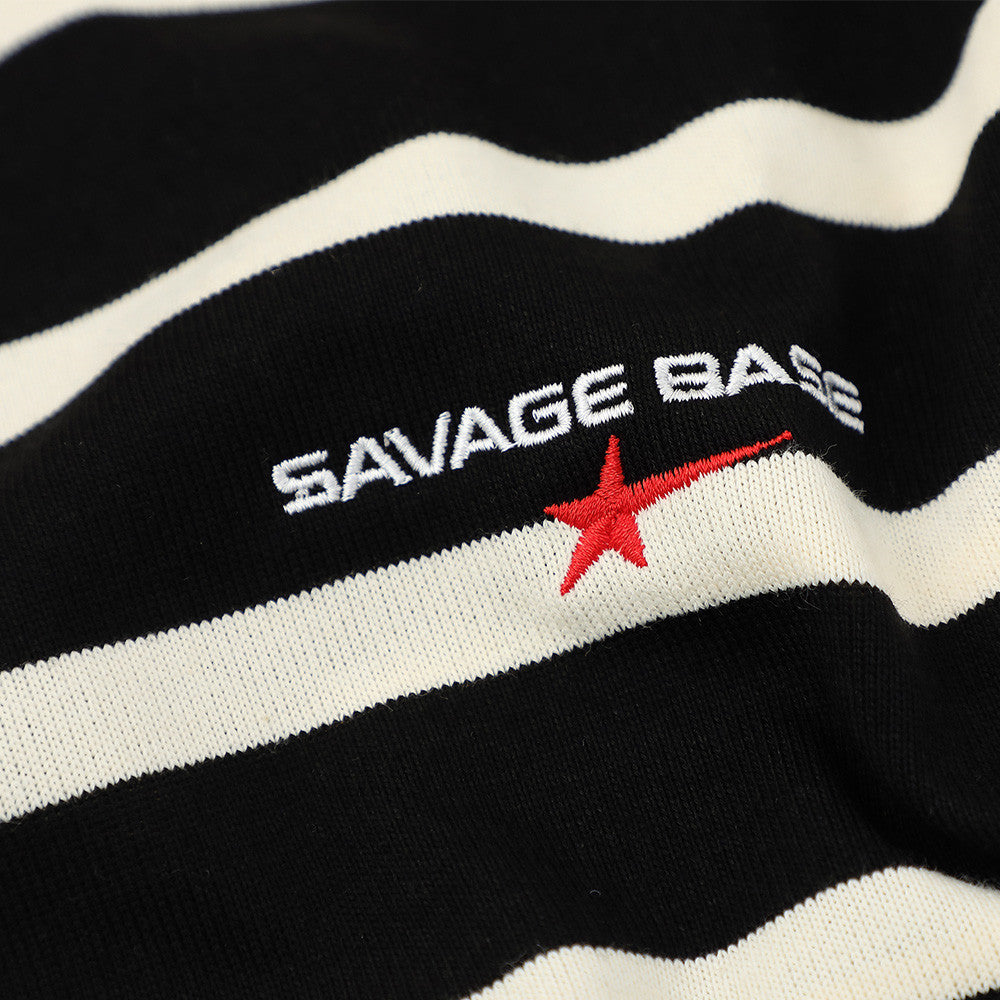 Striped black-and-white round-neck short-sleeve t-shirt with white embroidery and red star logo