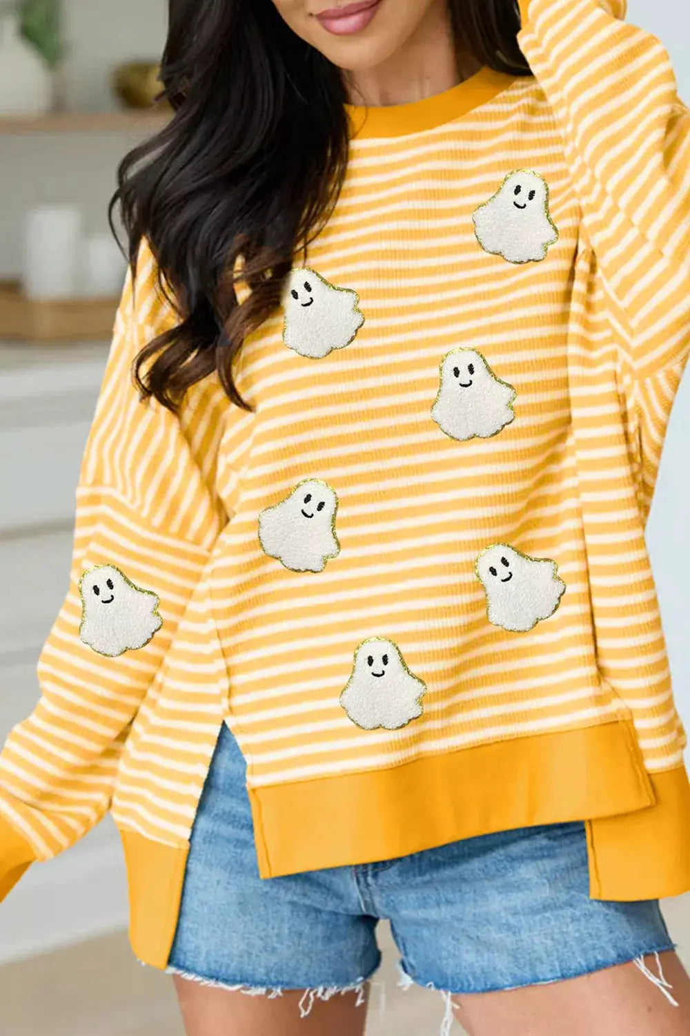 Stripe Halloween Ghost Patch Round Neck Long Sleeve Top in yellow with ghost patches