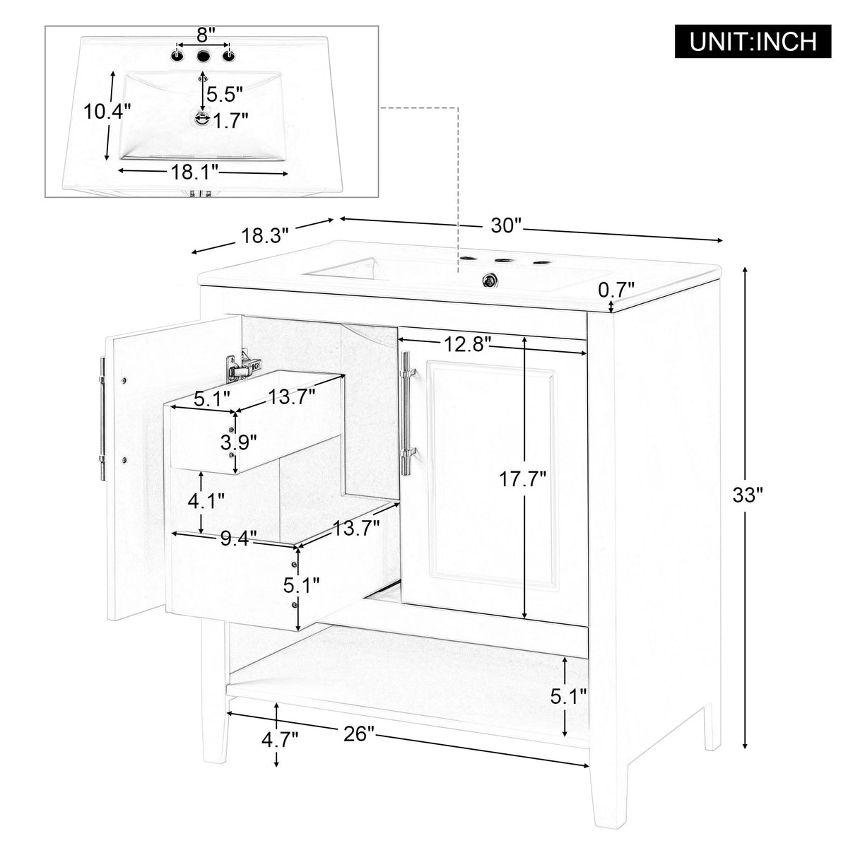 30" Bathroom Vanity with Sink, Multi-functional Bathroom Cabinet with Doors and Drawers, Solid Frame and MDF Board, Grey by eprolo