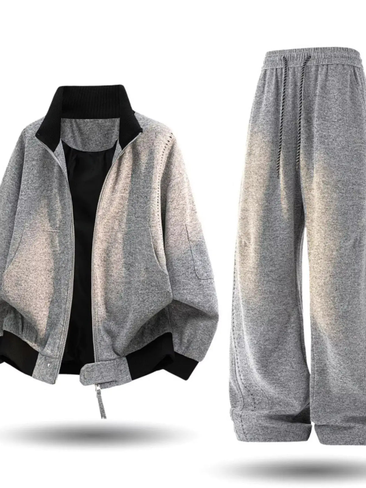 Men's grey thick warm tracksuit set with drawstring pockets; fleece jacket and pants