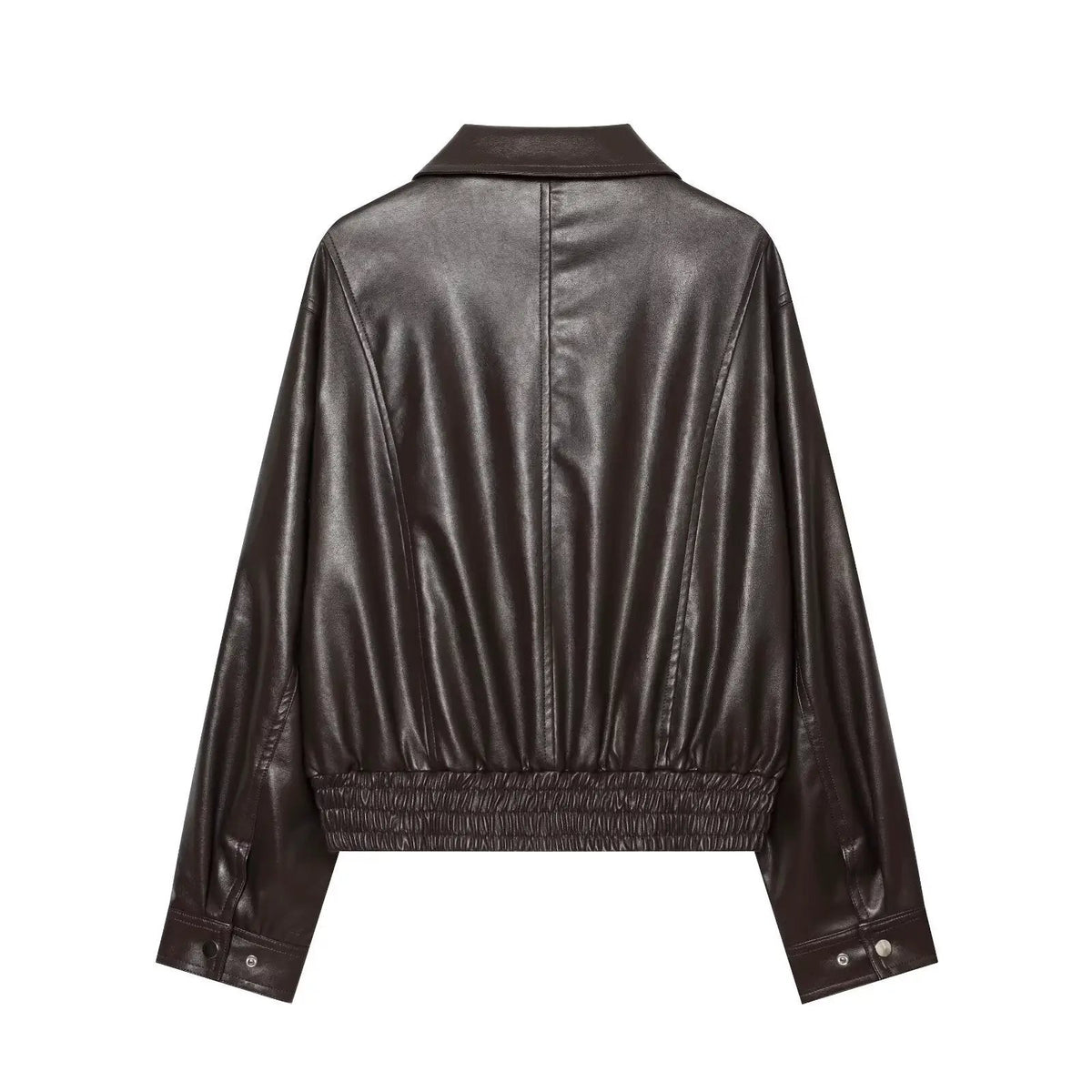 Women's corridor-shaped dark brown faux leather jacket with elastic waistband, back seam, long sleeves and snap cuffs