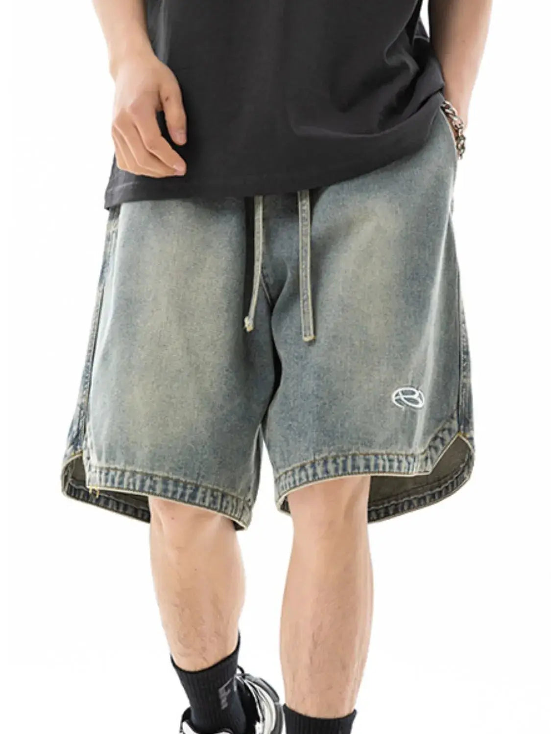 Men's plus-size drawstring denim shorts, light-wash, relaxed fit, Trendsi logo.