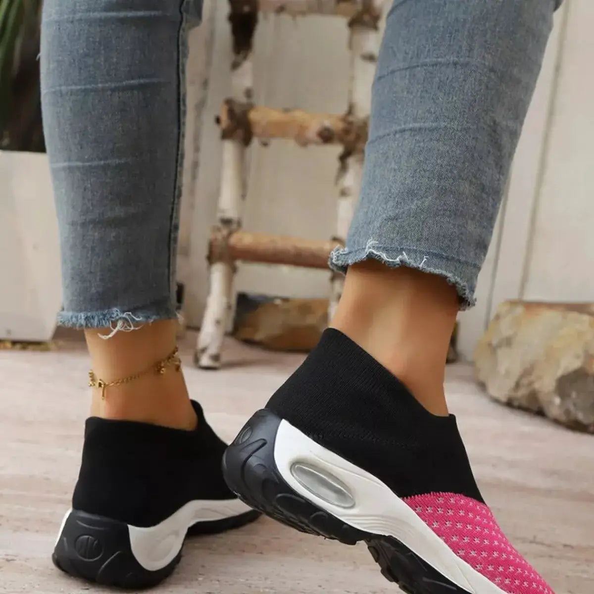 Color Block Mesh Athletic Shoes by Trendsi; black knit upper with pink front and white sole