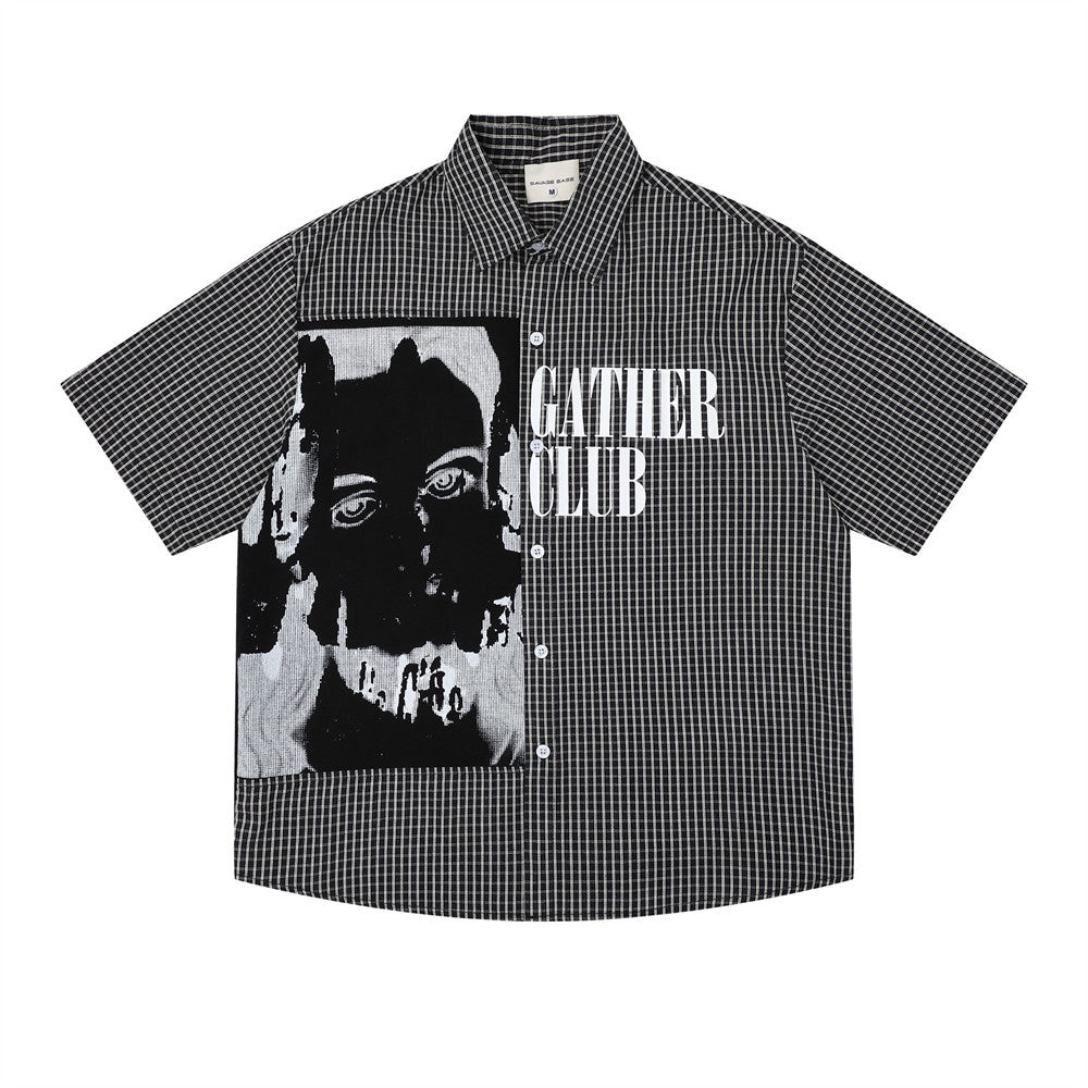 Portrait-printed short-sleeve shirt with black-and-white check pattern and large portrait graphic labeled GATHER CLUB