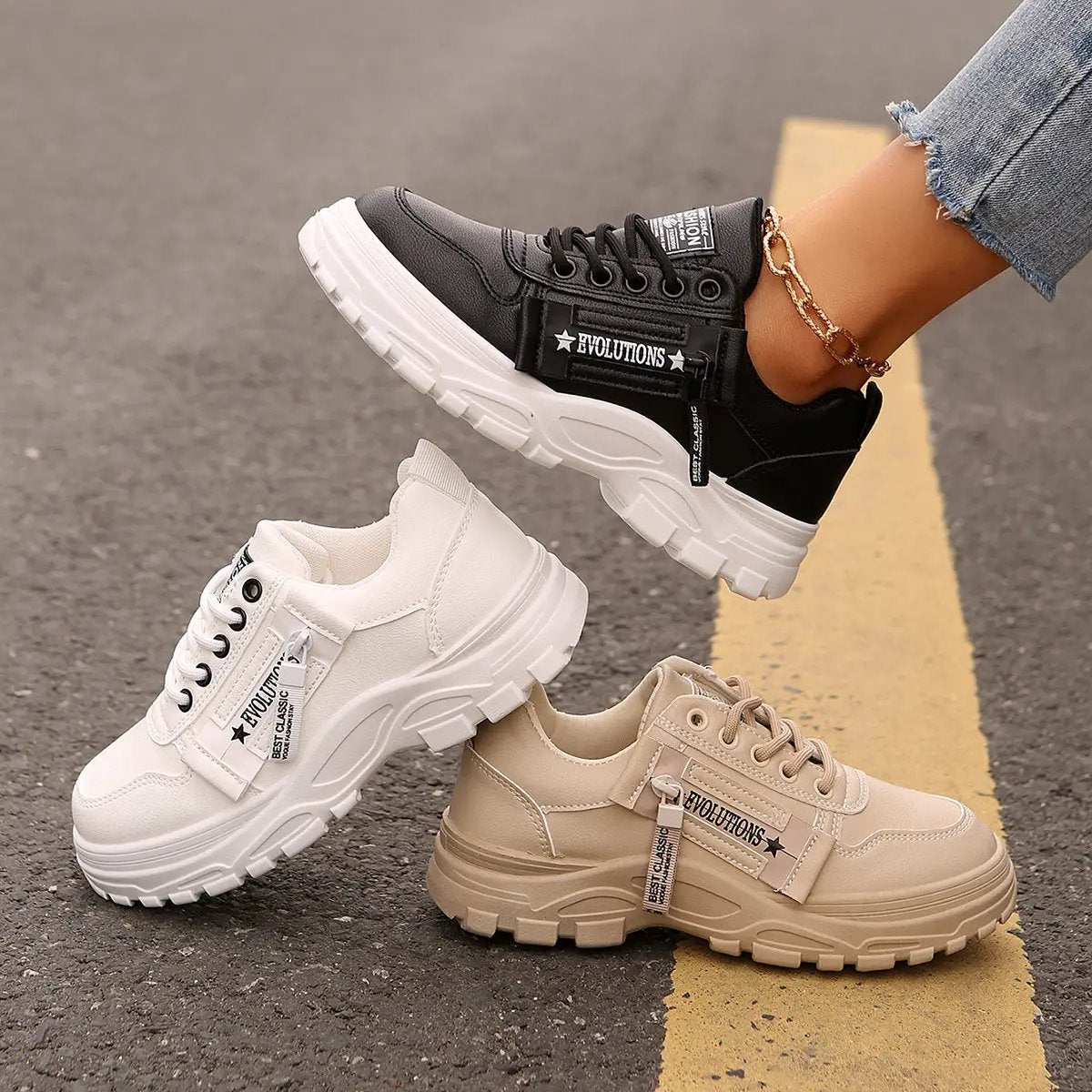 AdTec lace-up women's sneakers with side zipper and thick sole in black, white, beige (3 colorways)