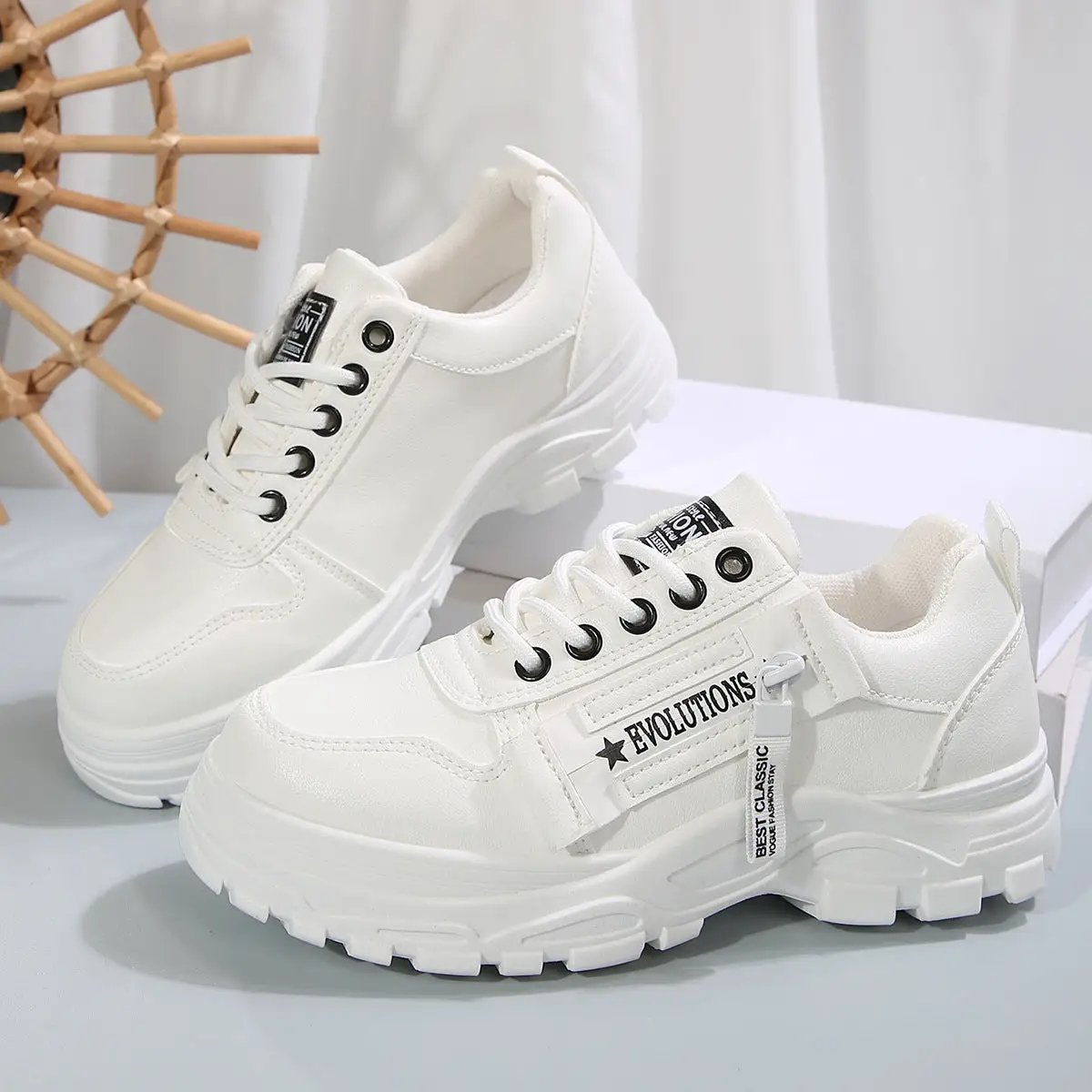 AdTec lace-up white women's sneakers with side zipper and thick platform sole