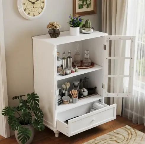 White AdTec buffet cabinet with double glass doors and a drawer