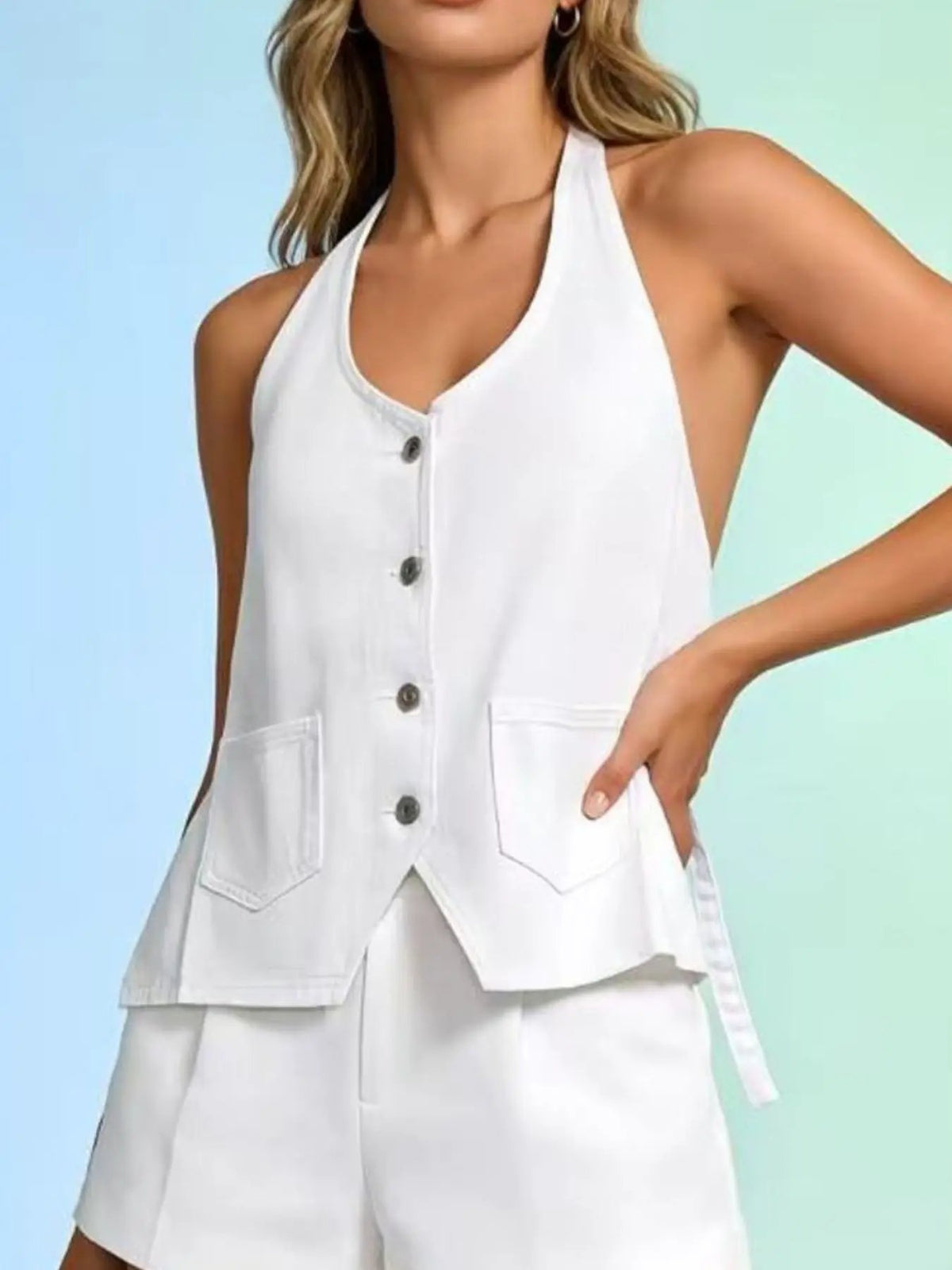 Trendsi white denim halter-neck vest with button-front closure and front pockets