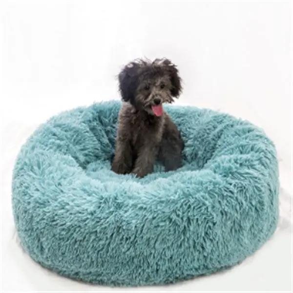 Round long-haired autumn and winter nest pad cat mattress in teal plush fabric