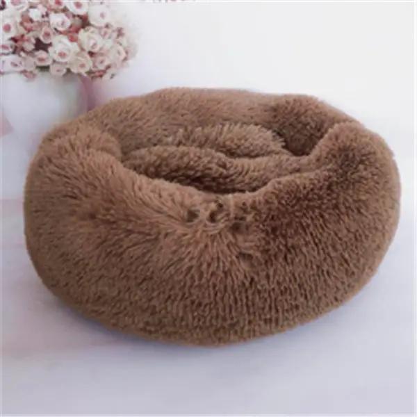 Round long-haired plush cat nest bed by AdTec, brown donut-shaped mattress