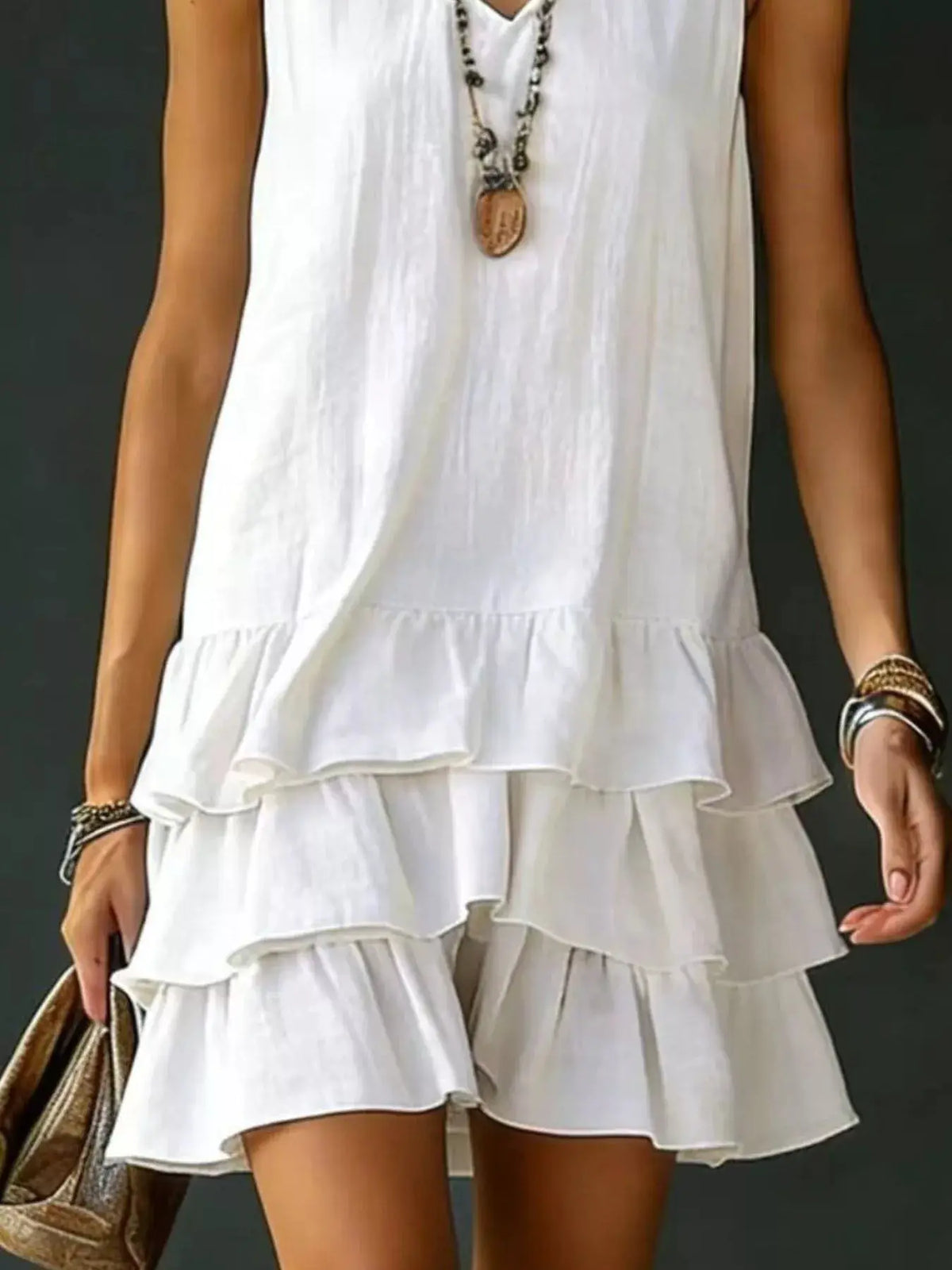 Plus-Size white sleeveless dress with V-neck and tiered ruffle hem by Trendsi